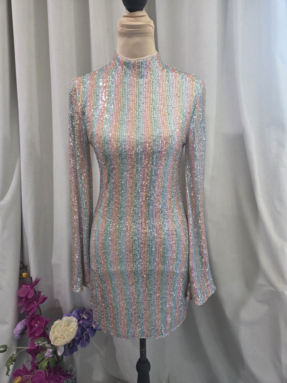 Chelsea & Violet Pastel Sequin Striped Long-Sleeve Bodycon Dress